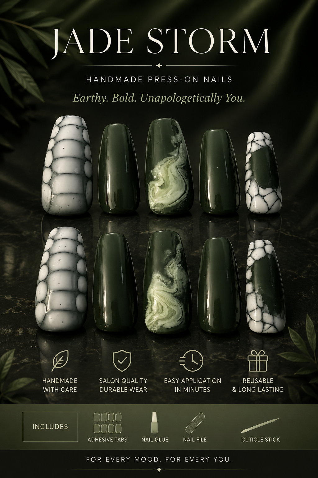 Jade Storm Press-On Nails 🌿🖤